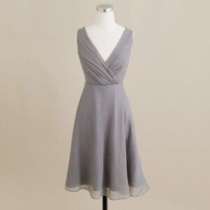 J. Crew Gray V-Neck Evie Dress Midi Silk Chiffon Cocktail
